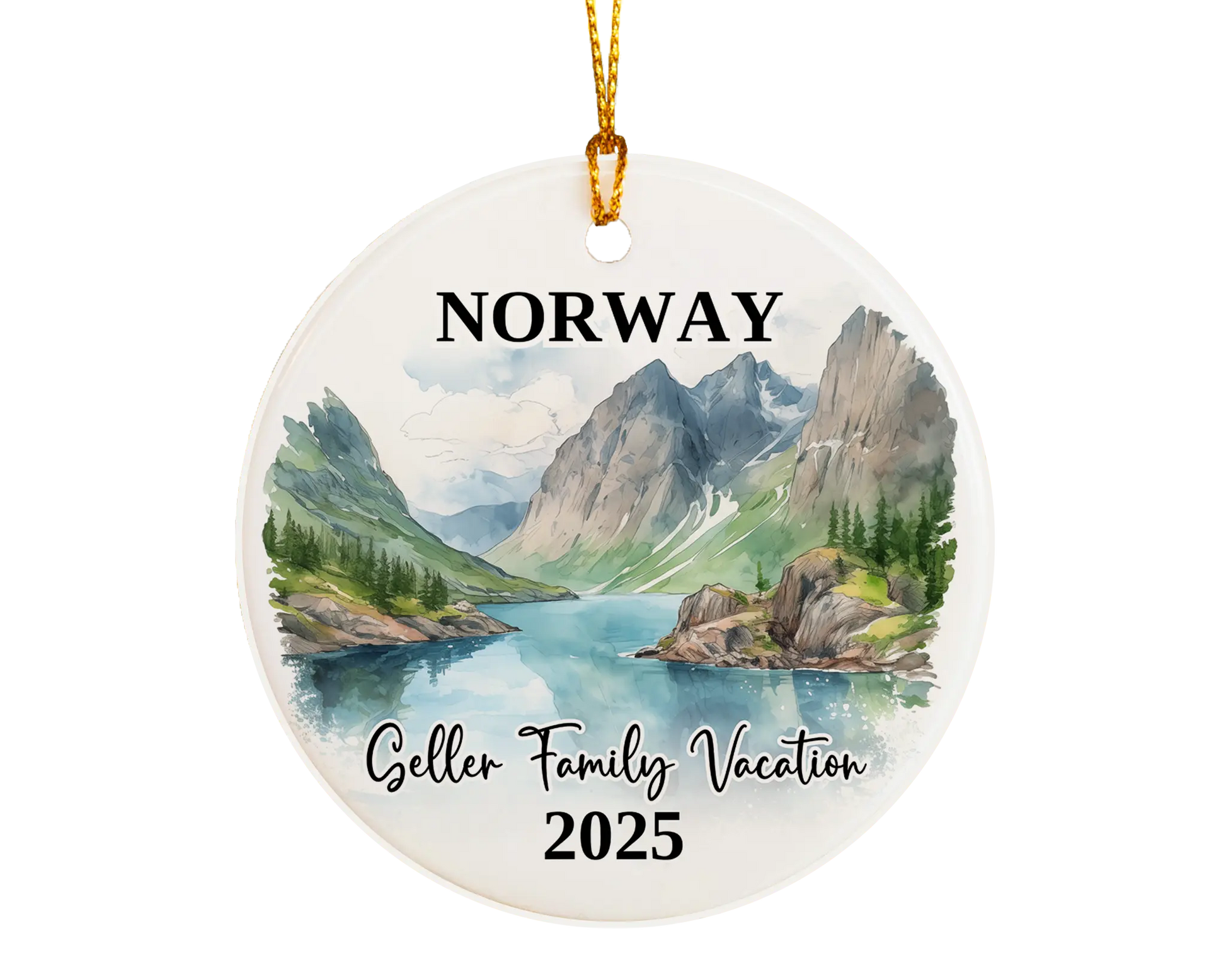 Custom vacation Norway ceramic photo ornament with personalized message – handmade Christmas bauble, gift souvenir, or vacation keepsake. 