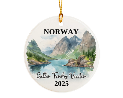 Custom vacation Norway ceramic photo ornament with personalized message – handmade Christmas bauble, gift souvenir, or vacation keepsake. 