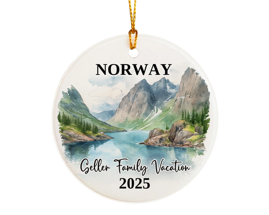 Custom vacation Norway ceramic photo ornament with personalized message – handmade Christmas bauble, gift souvenir, or vacation keepsake. 