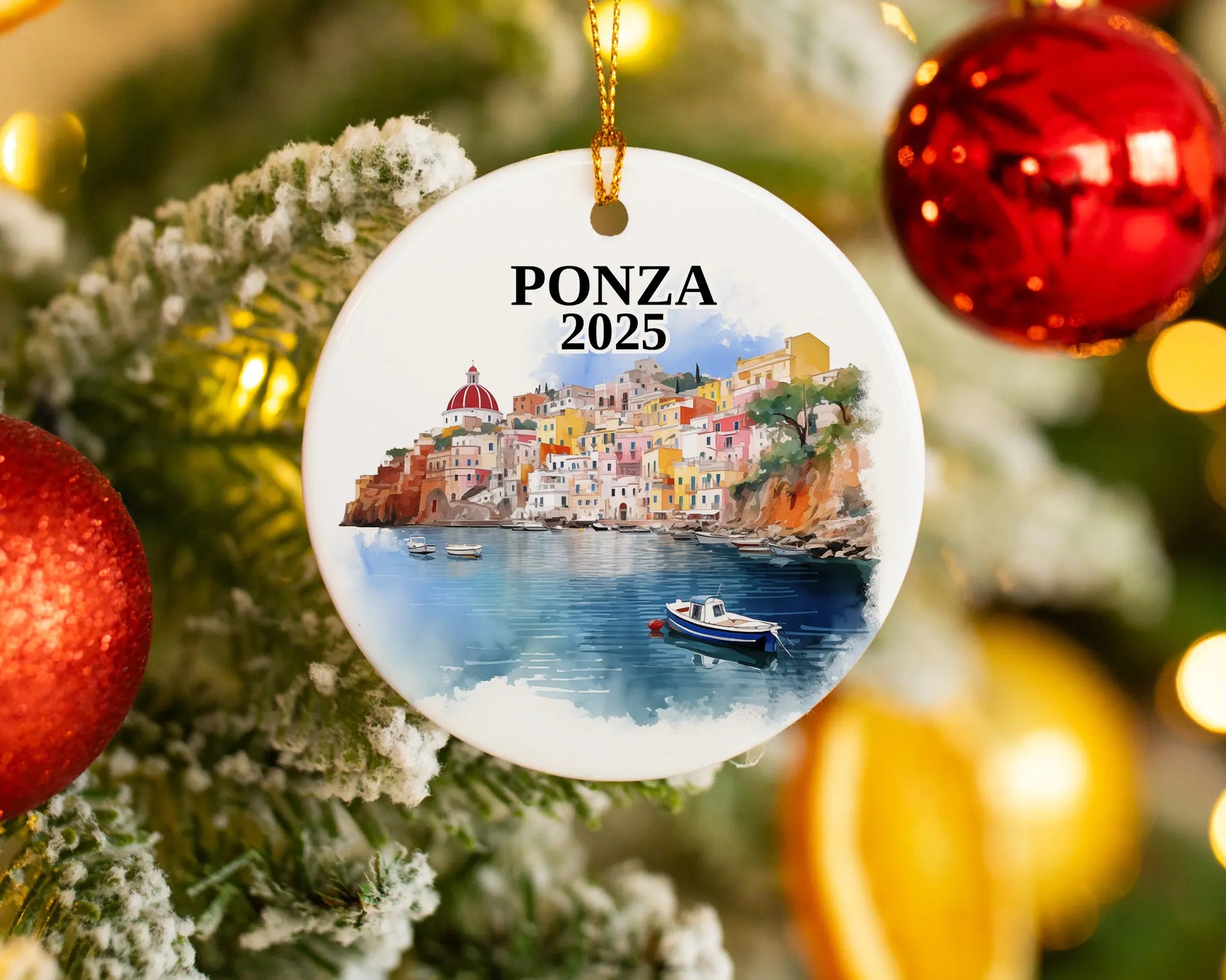 Custom Ponza Italy ceramic photo ornament with personalized message – handmade Christmas bauble, gift souvenir, or vacation keepsake. 