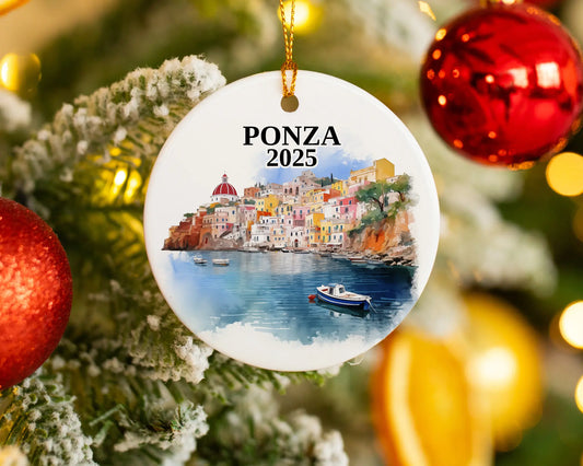 Custom Ponza Italy ceramic photo ornament with personalized message – handmade Christmas bauble, gift souvenir, or vacation keepsake. 
