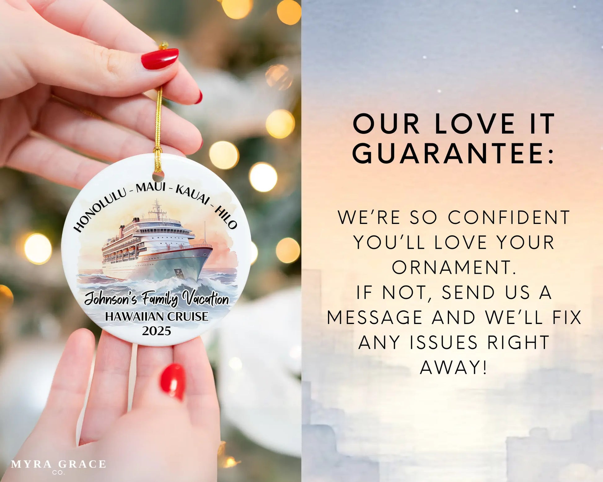 Handmade ceramic Hawaii cruise ornament with personalized location and photo – custom Christmas bauble or cruise vacation souvenir. Love it guarantee