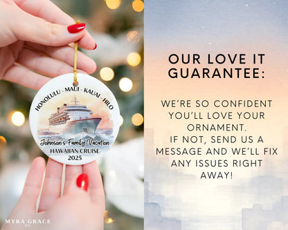 Handmade ceramic Hawaii cruise ornament with personalized location and photo – custom Christmas bauble or cruise vacation souvenir. Love it guarantee