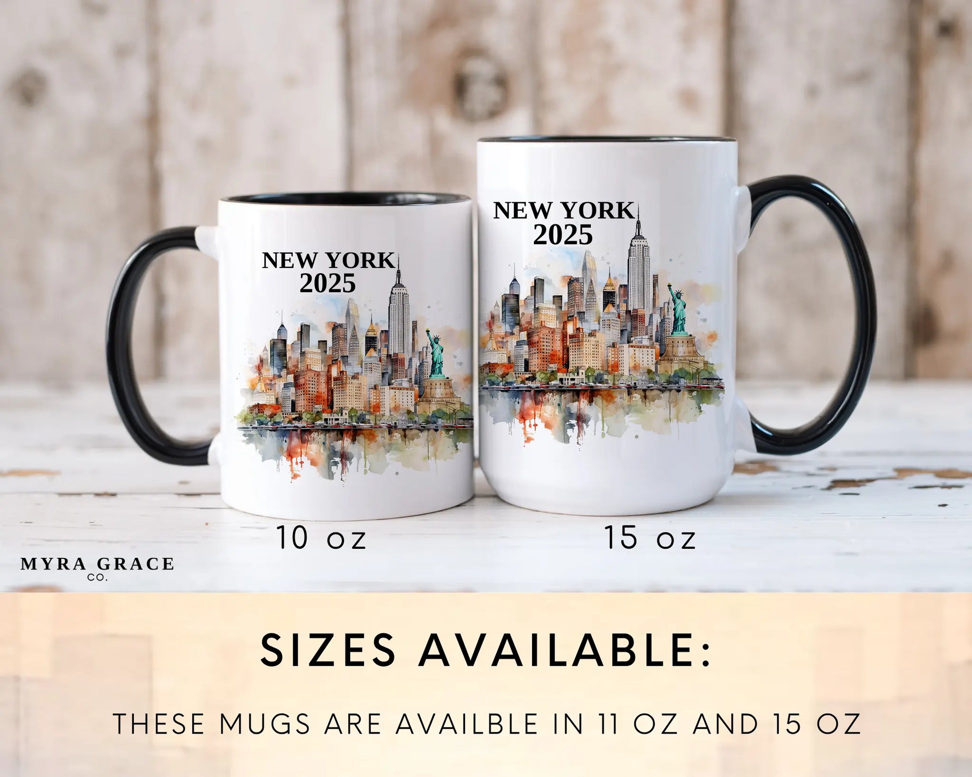 Custom ceramic New York vacation mug with watercolor location design, date, and personal photo – personalized travel gift or photo mug. Sizes available