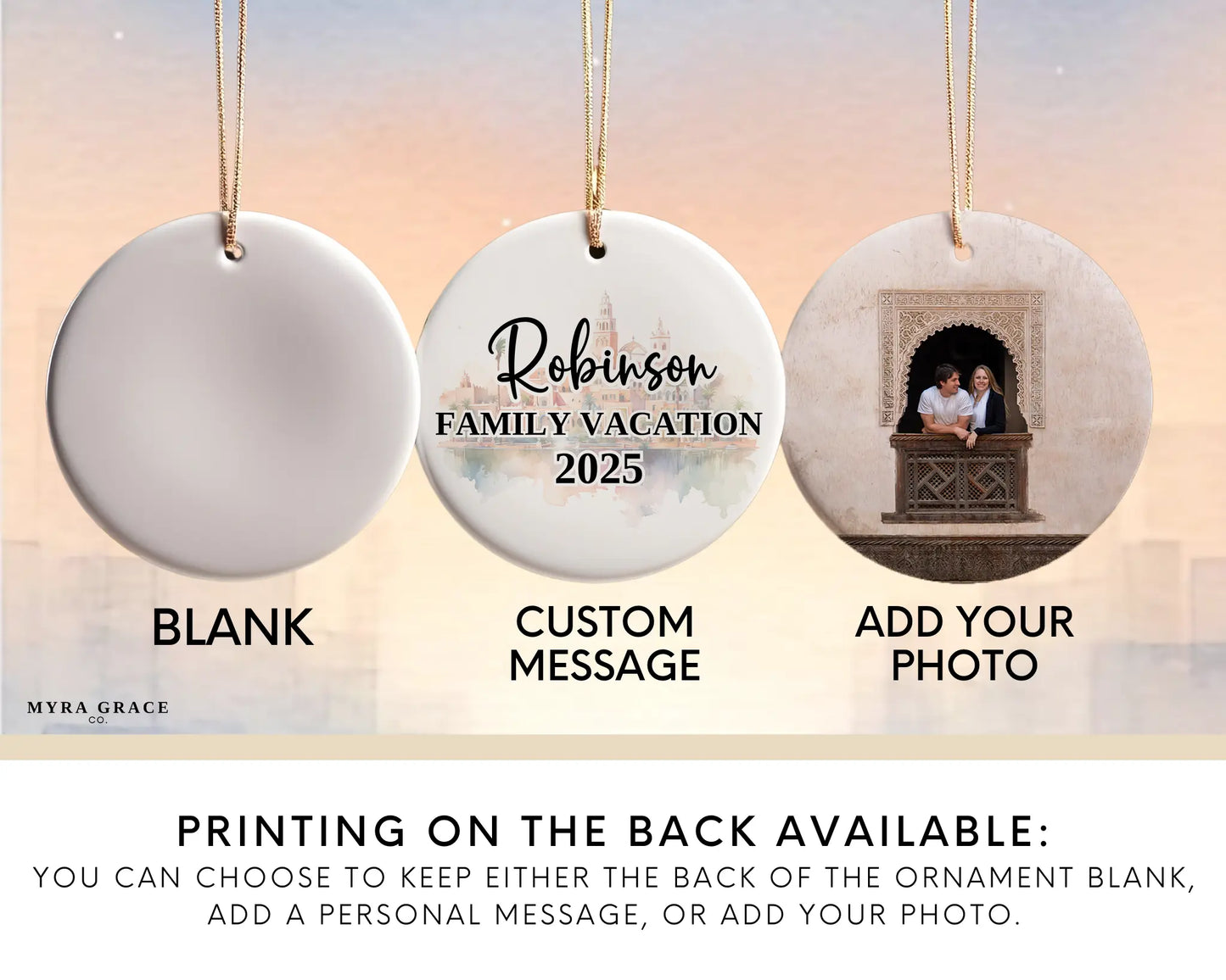 Custom Marrakesh Morocco ceramic photo ornament with personalized message – handmade Christmas bauble, gift souvenir, or vacation keepsake.  Add your photo