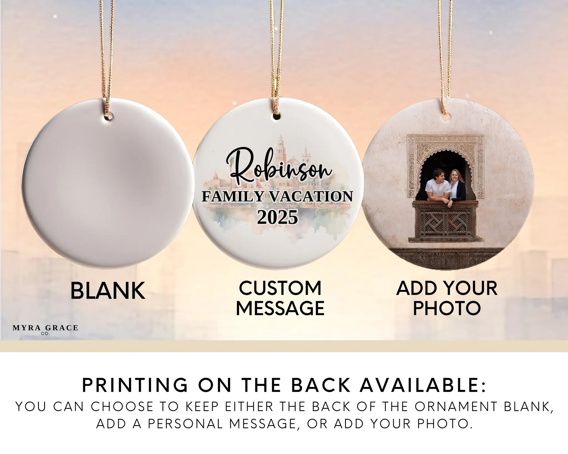 Custom Marrakesh Morocco ceramic photo ornament with personalized message – handmade Christmas bauble, gift souvenir, or vacation keepsake.  Add your photo