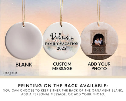 Custom Marrakesh Morocco ceramic photo ornament with personalized message – handmade Christmas bauble, gift souvenir, or vacation keepsake.  Add your photo