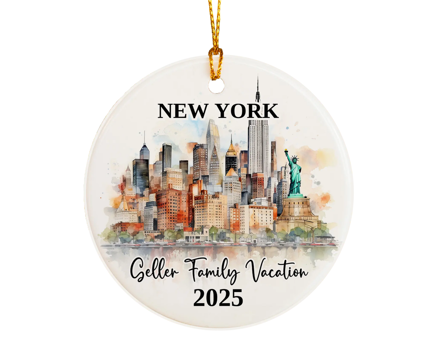 Custom vacation New York ceramic photo ornament with personalized message – handmade Christmas bauble, gift souvenir, or vacation keepsake. 