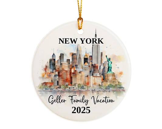 Custom vacation New York ceramic photo ornament with personalized message – handmade Christmas bauble, gift souvenir, or vacation keepsake. 
