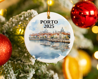 Custom Porto Portugal ceramic photo ornament with personalized message – handmade Christmas bauble, gift souvenir, or vacation keepsake. 