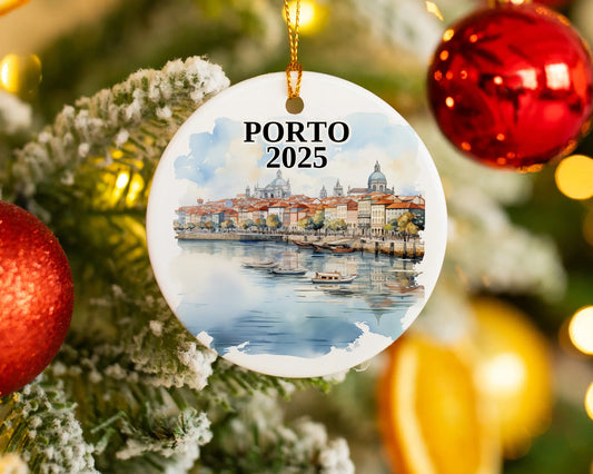 Custom Porto Portugal ceramic photo ornament with personalized message – handmade Christmas bauble, gift souvenir, or vacation keepsake. 
