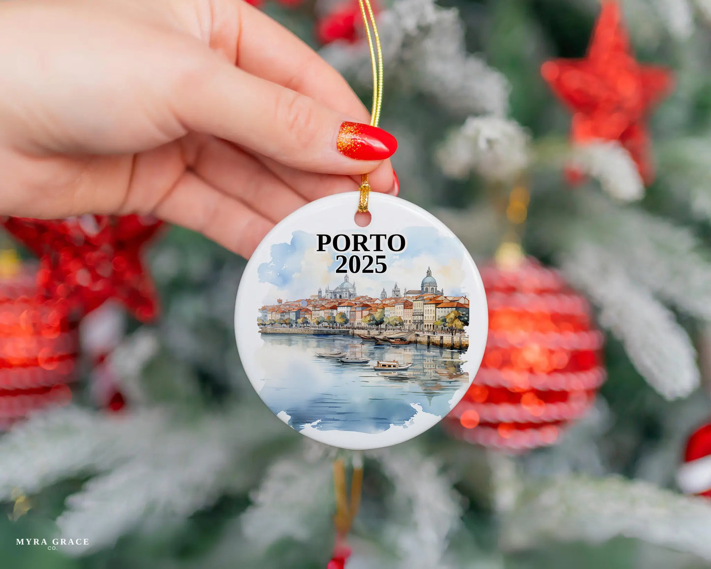 Custom Porto Portugal ceramic photo ornament with personalized message – handmade Christmas bauble, gift souvenir, or vacation keepsake. 
