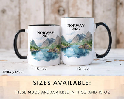 Custom ceramic Norway vacation mug with watercolor location design, date, and personal photo – personalized travel gift or photo mug. Sizes available