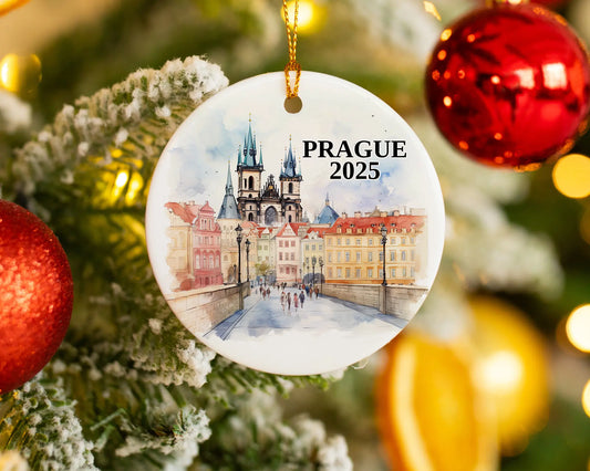 Custom Prague ceramic photo ornament with personalized message – handmade Christmas bauble, gift souvenir, or vacation keepsake. 