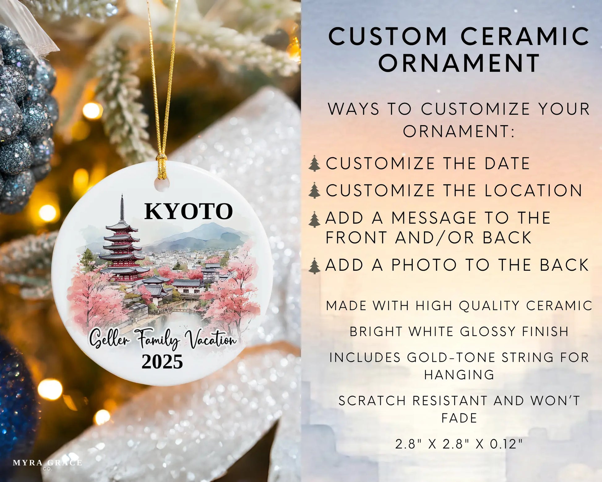 Custom vacation Kyoto Japan ceramic photo ornament with personalized message – handmade Christmas bauble, gift souvenir, or vacation keepsake. Infographic