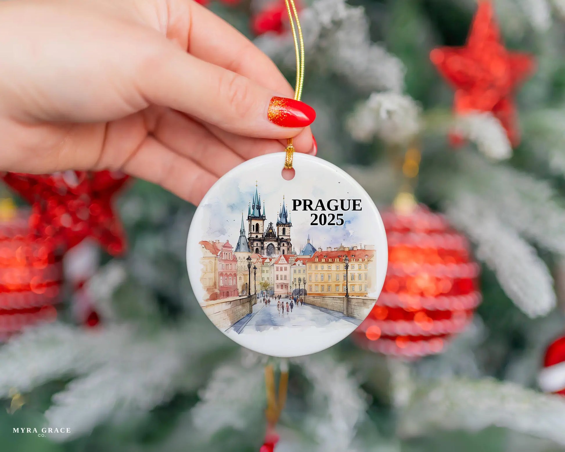 Custom Prague ceramic photo ornament with personalized message – handmade Christmas bauble, gift souvenir, or vacation keepsake. 