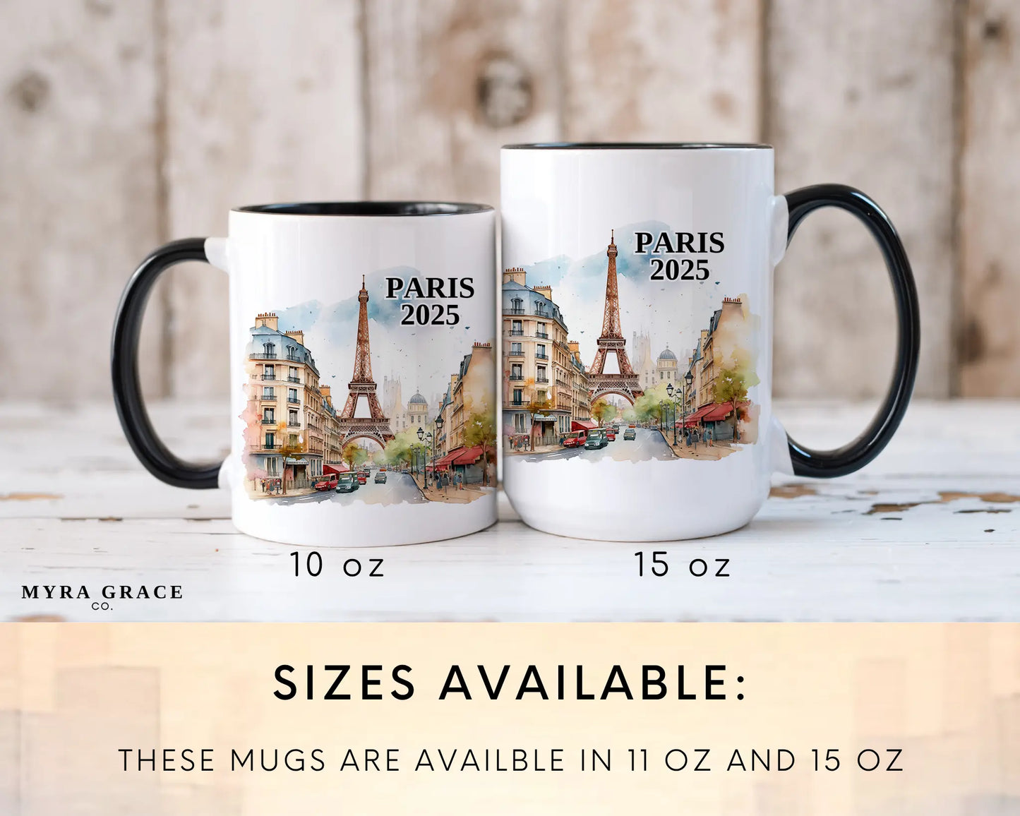 Custom ceramic Paris France vacation mug with watercolor location design, date, and personal photo – personalized travel gift or photo mug. Sizes available