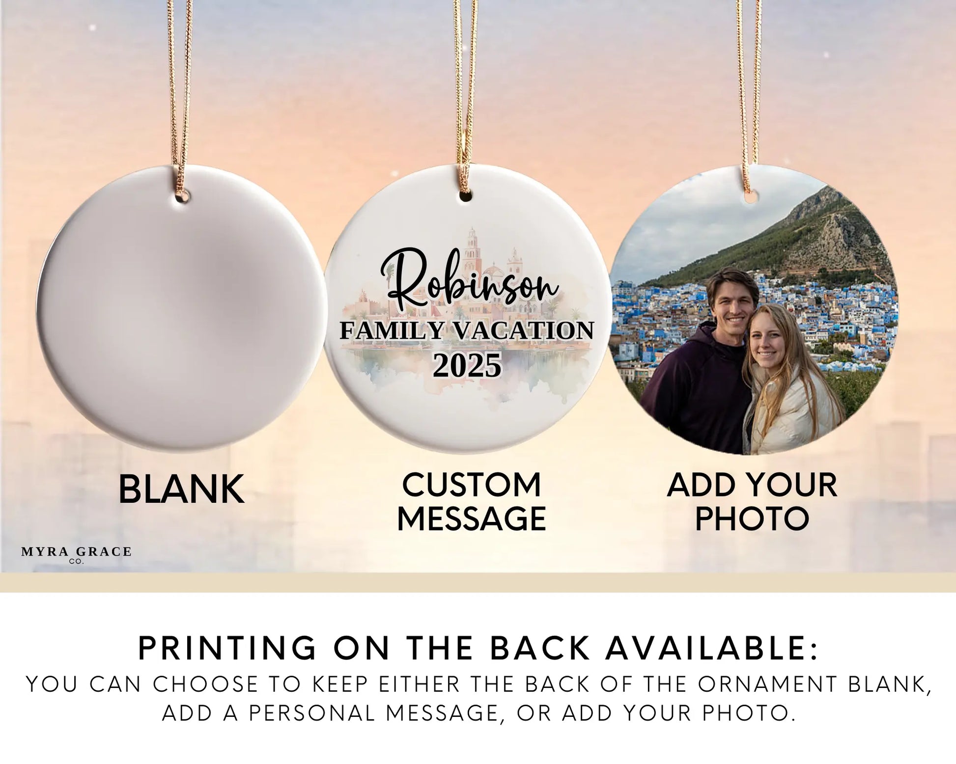Custom Morocco ceramic photo ornament with personalized message – handmade Christmas bauble, gift souvenir, or vacation keepsake.  Add your photo