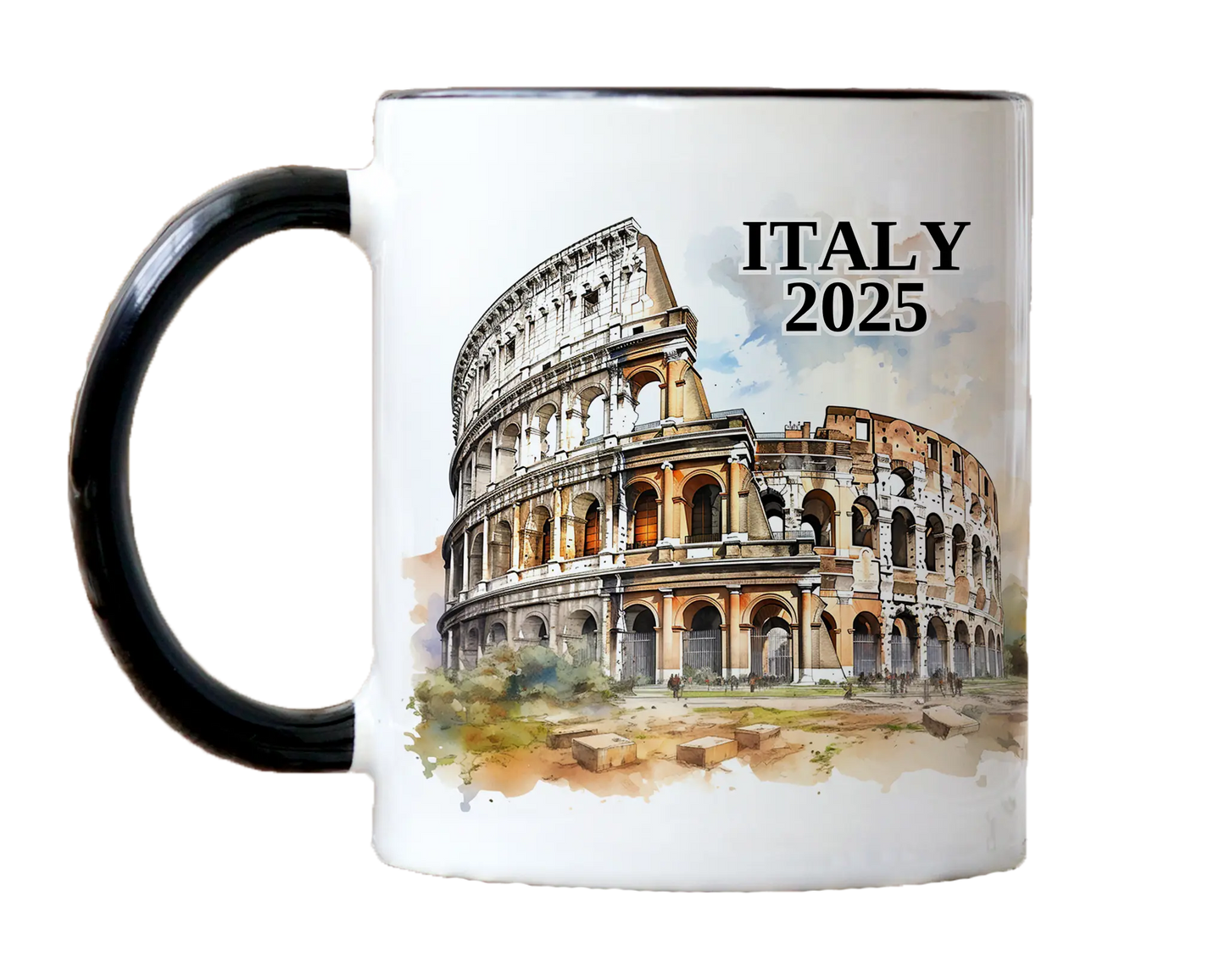 Custom ceramic Italy Colosseum vacation mug with watercolor location design, date, and personal photo – personalized travel gift or photo mug. 