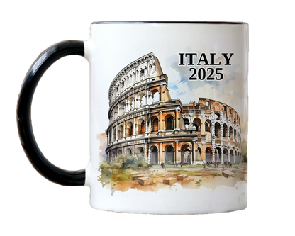 Custom ceramic Italy Colosseum vacation mug with watercolor location design, date, and personal photo – personalized travel gift or photo mug. 