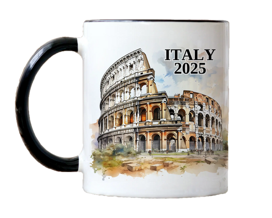 Custom ceramic Italy Colosseum vacation mug with watercolor location design, date, and personal photo – personalized travel gift or photo mug. 
