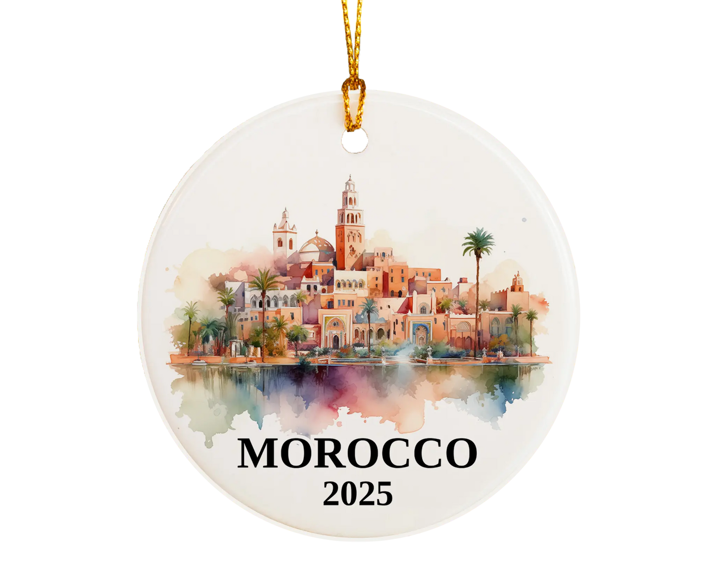 Custom Morocco ceramic photo ornament with personalized message – handmade Christmas bauble, gift souvenir, or vacation keepsake.  