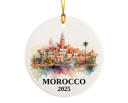 Custom Morocco ceramic photo ornament with personalized message – handmade Christmas bauble, gift souvenir, or vacation keepsake.  