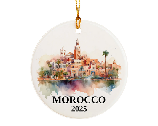 Custom Morocco ceramic photo ornament with personalized message – handmade Christmas bauble, gift souvenir, or vacation keepsake.  
