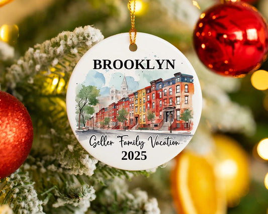 Custom vacation Brooklyn New York ceramic photo ornament with personalized message – handmade Christmas bauble, gift souvenir, or vacation keepsake. 