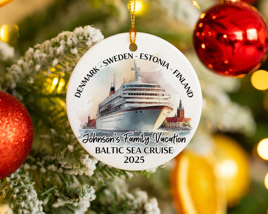 Handmade ceramic Baltic Sea Scandinavia cruise ornament with personalized location and photo – custom Christmas bauble or cruise vacation souvenir.