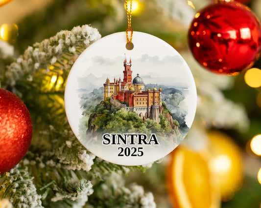 Sintra Portugal Ornament Custom Gift Souvenir Bauble. Custom Sintra Portugal ceramic photo ornament with personalized message – handmade Christmas bauble, gift souvenir, or vacation keepsake.  