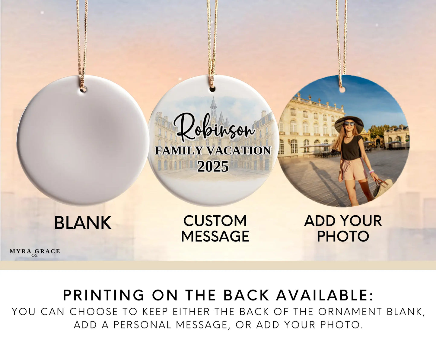 Custom Bordeaux France ceramic photo ornament with personalized message – handmade Christmas bauble, gift souvenir, or vacation keepsake. Add your photo