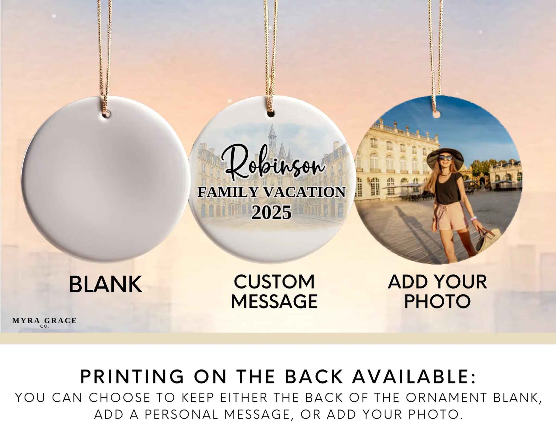 Custom Bordeaux France ceramic photo ornament with personalized message – handmade Christmas bauble, gift souvenir, or vacation keepsake. Add your photo