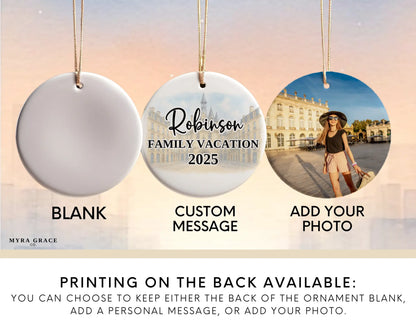 Custom Bordeaux France ceramic photo ornament with personalized message – handmade Christmas bauble, gift souvenir, or vacation keepsake. Add your photo