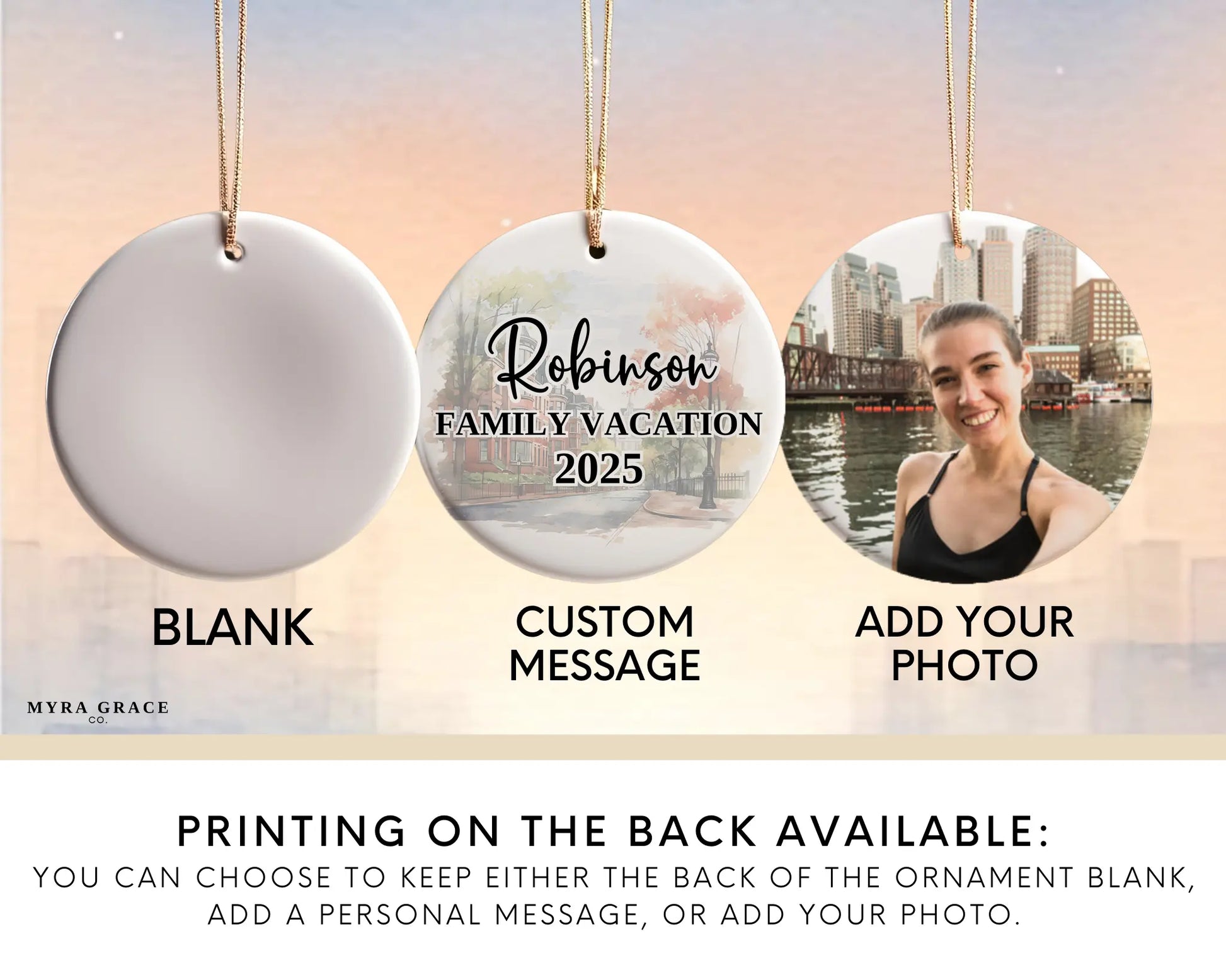 Boston Massachusetts Ornament Custom Gift Souvenir Bauble. Custom Boston Massachusetts ceramic photo ornament with personalized message – handmade Christmas bauble, gift souvenir, or vacation keepsake.  Add your photo