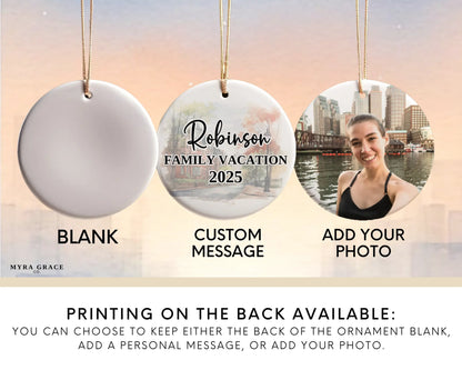 Boston Massachusetts Ornament Custom Gift Souvenir Bauble. Custom Boston Massachusetts ceramic photo ornament with personalized message – handmade Christmas bauble, gift souvenir, or vacation keepsake.  Add your photo