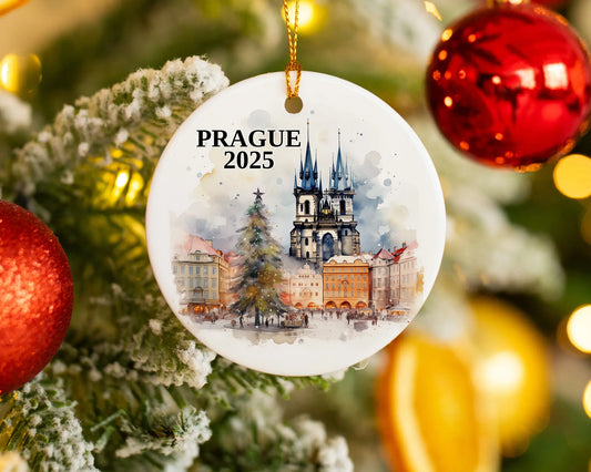 Custom Prague Christmas Market ceramic photo ornament with personalized message – handmade Christmas bauble, gift souvenir, or vacation keepsake. 