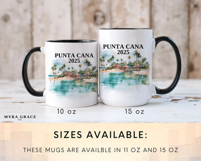 Custom ceramic Punta Cana vacation mug with watercolor location design, date, and personal photo – personalized travel gift or photo mug. Sizes available