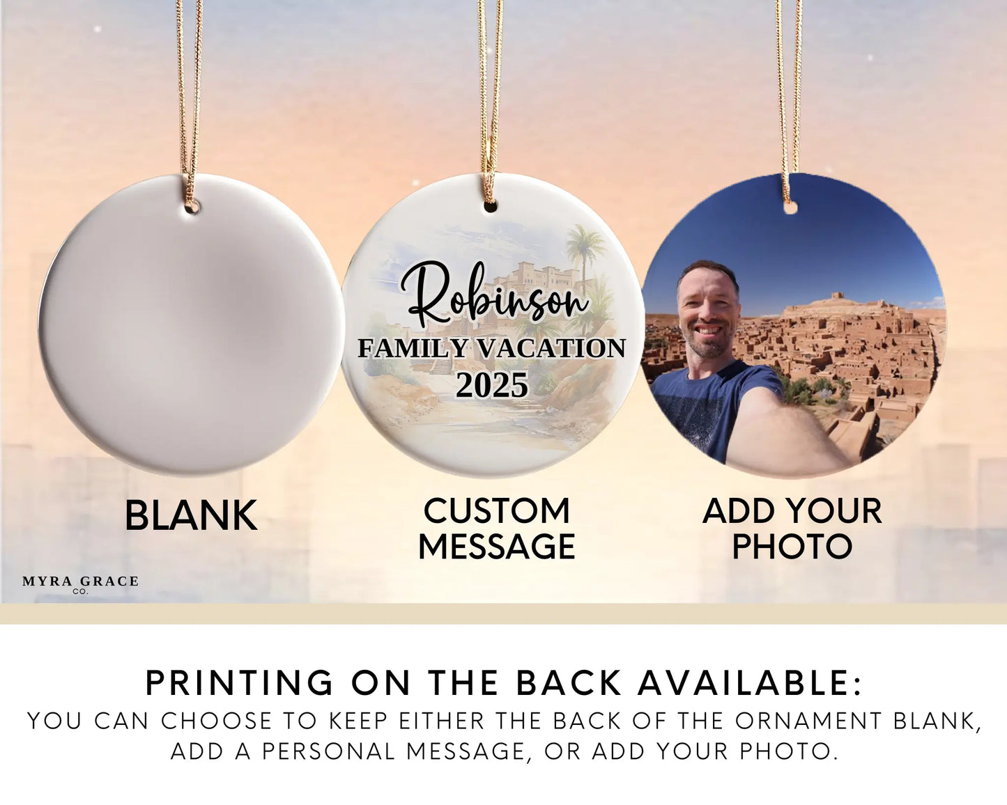Custom Morocco ceramic photo ornament with personalized message – handmade Christmas bauble, gift souvenir, or vacation keepsake.  Add your photo