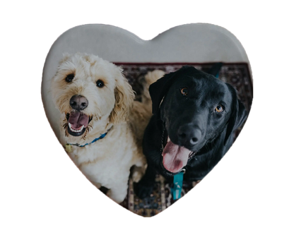 Heart-shaped custom dog ceramic photo magnet on fridge – handmade personalized gift or Christmas fridge magnet. 