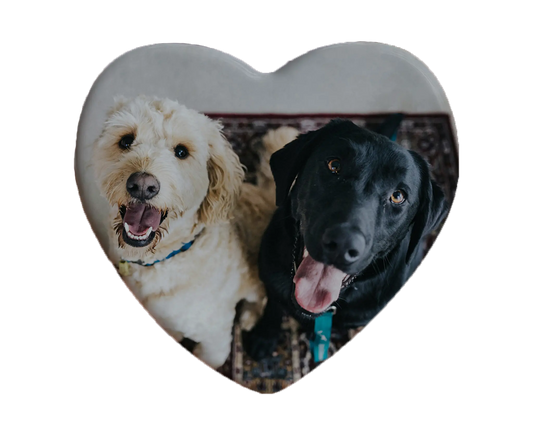 Heart-shaped custom dog ceramic photo magnet on fridge – handmade personalized gift or Christmas fridge magnet. 