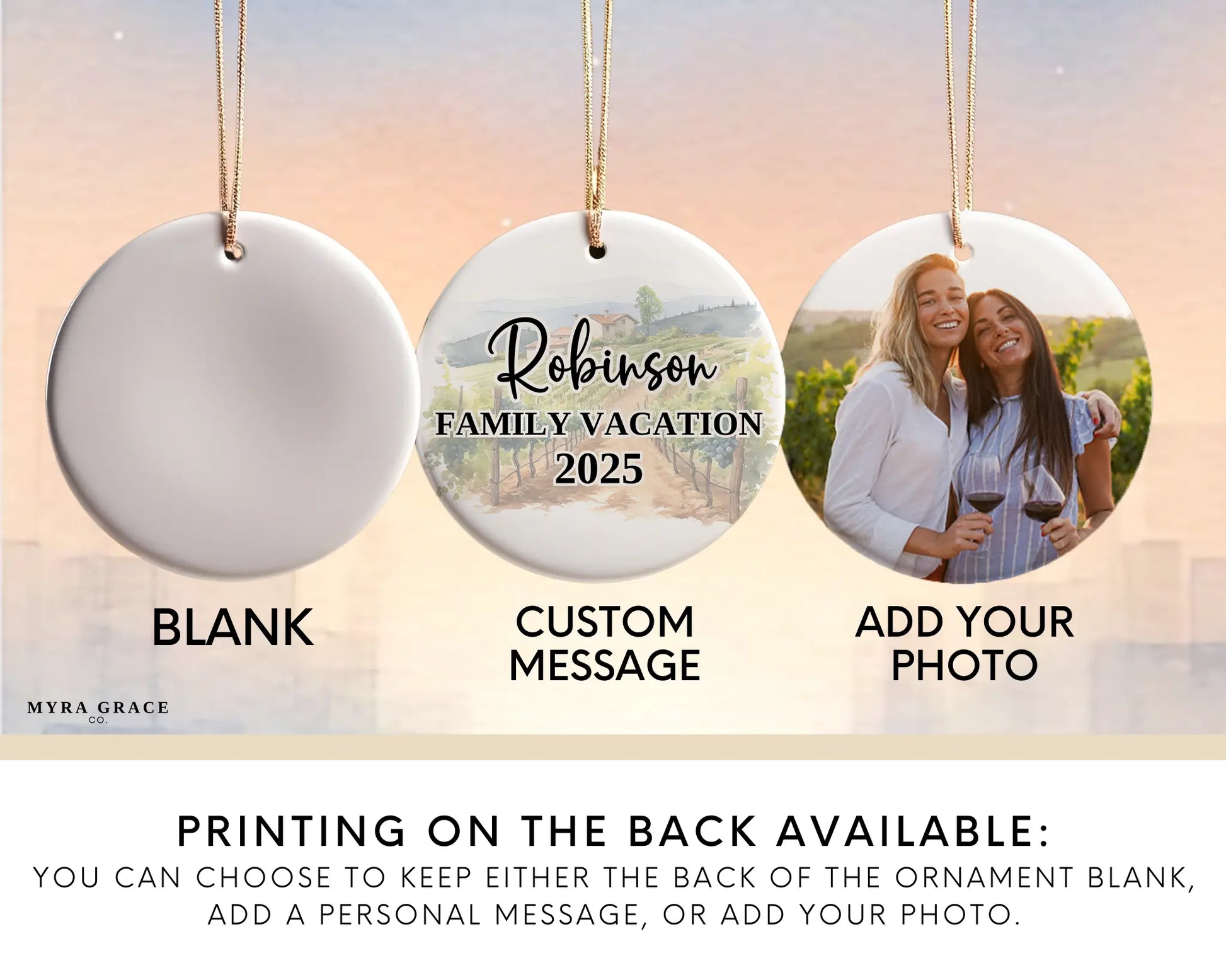 Custom Napa Valley California ceramic photo ornament with personalized message – handmade Christmas bauble, gift souvenir, or vacation keepsake.  Add your photo
