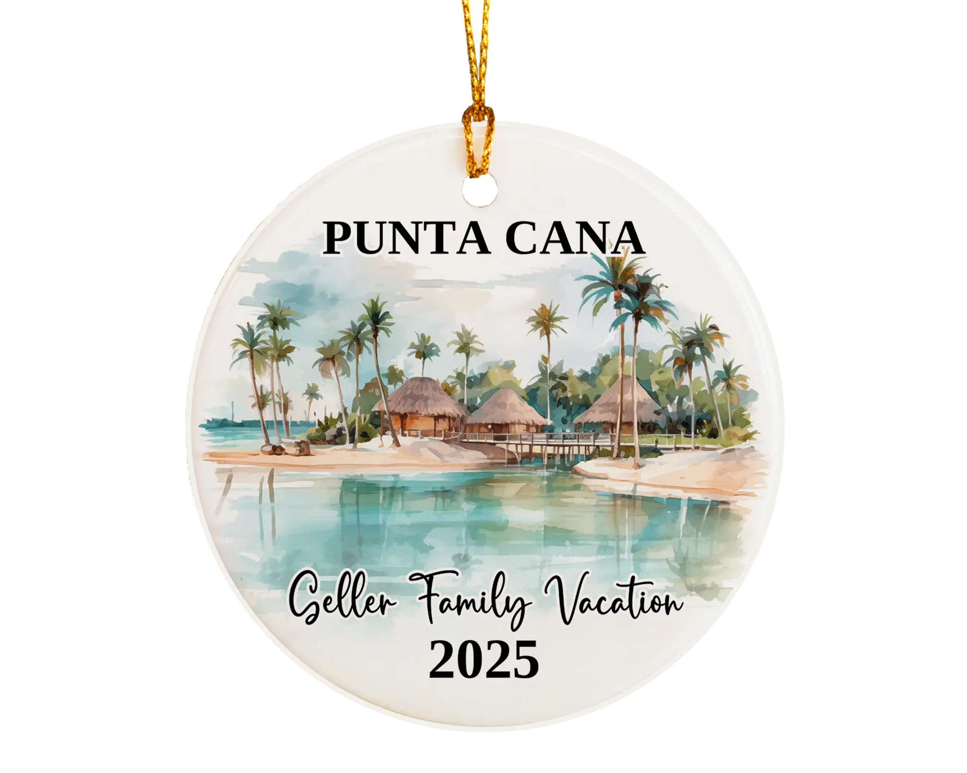 Custom vacation Punta Cana ceramic photo ornament with personalized message – handmade Christmas bauble, gift souvenir, or vacation keepsake. 
