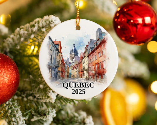 Custom Quebec ceramic photo ornament with personalized message – handmade Christmas bauble, gift souvenir, or vacation keepsake. 