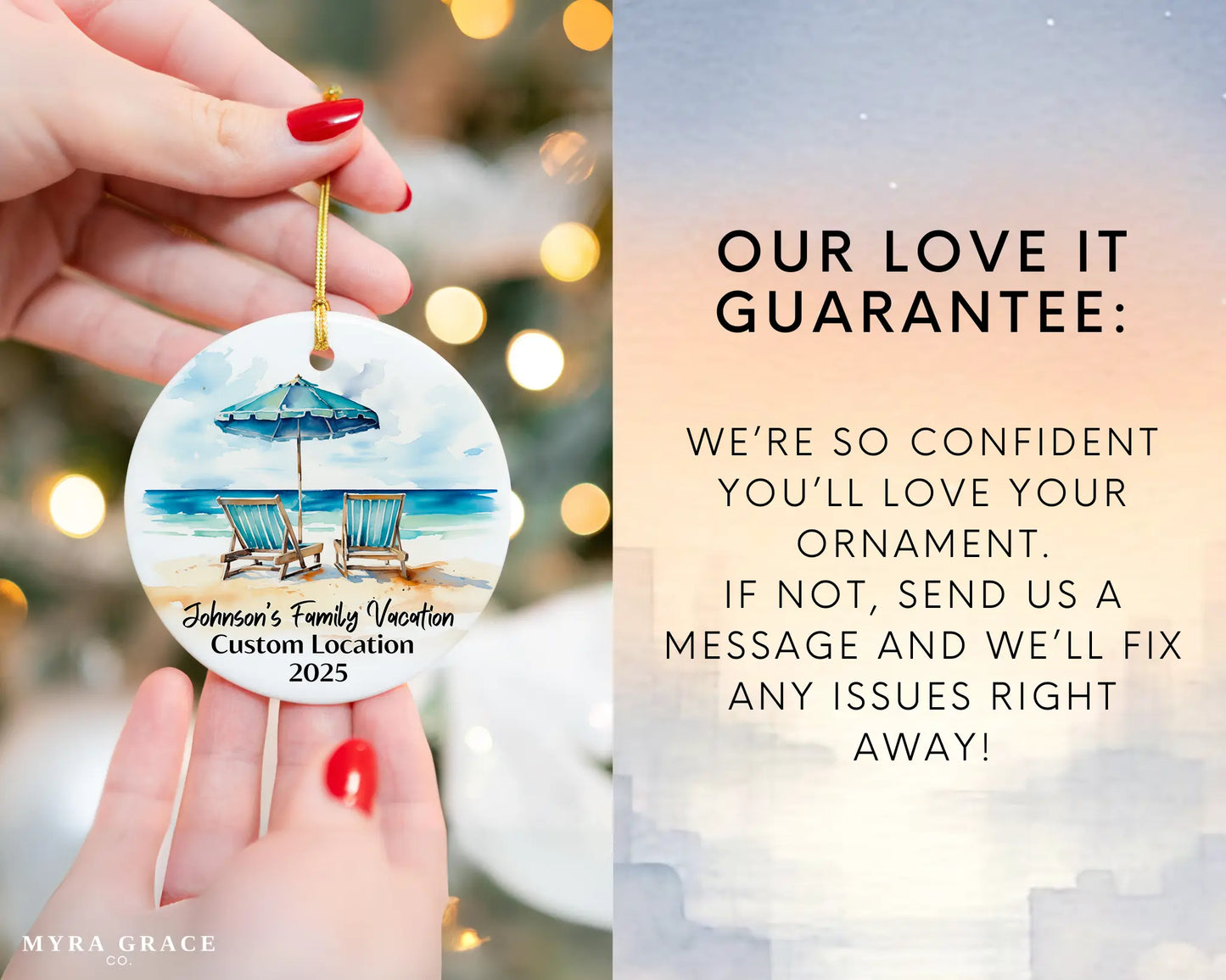 Custom vacation ceramic photo ornament with personalized message – handmade Christmas bauble, gift souvenir, or vacation keepsake. Love it guarantee