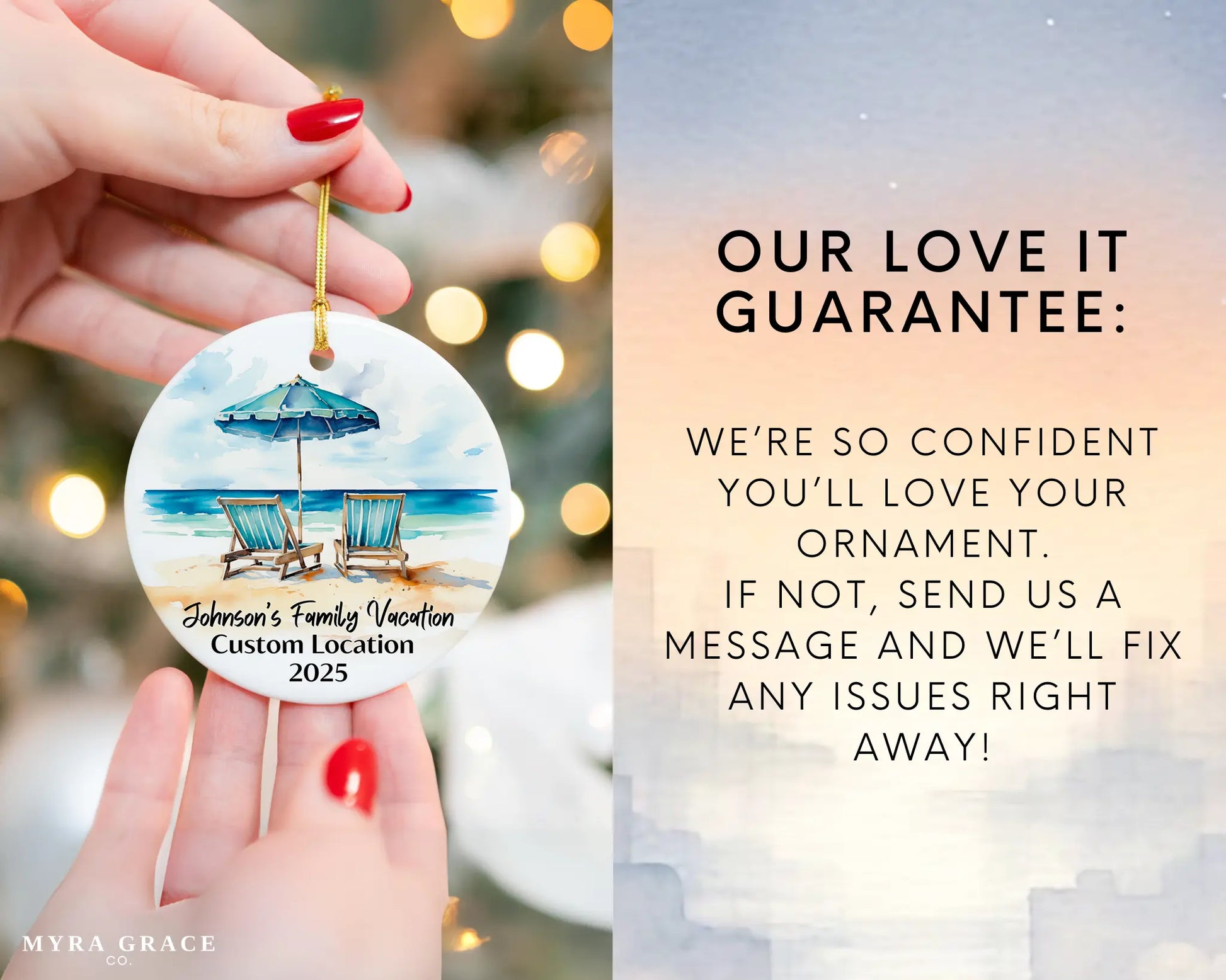 Custom vacation ceramic photo ornament with personalized message – handmade Christmas bauble, gift souvenir, or vacation keepsake. Love it guarantee