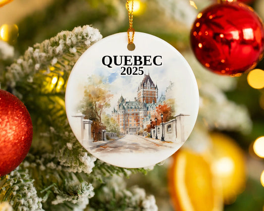Custom Quebec ceramic photo ornament with personalized message – handmade Christmas bauble, gift souvenir, or vacation keepsake. 