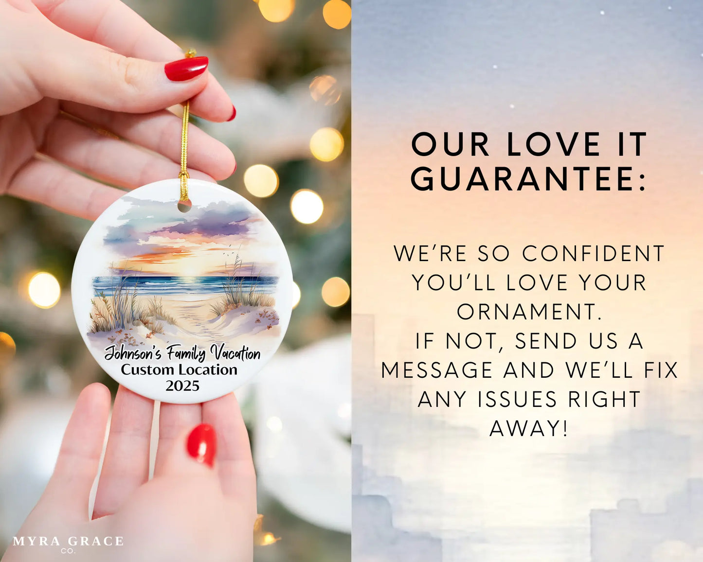 Custom vacation ceramic photo ornament with personalized message – handmade Christmas bauble, gift souvenir, or vacation keepsake. Love it guarantee