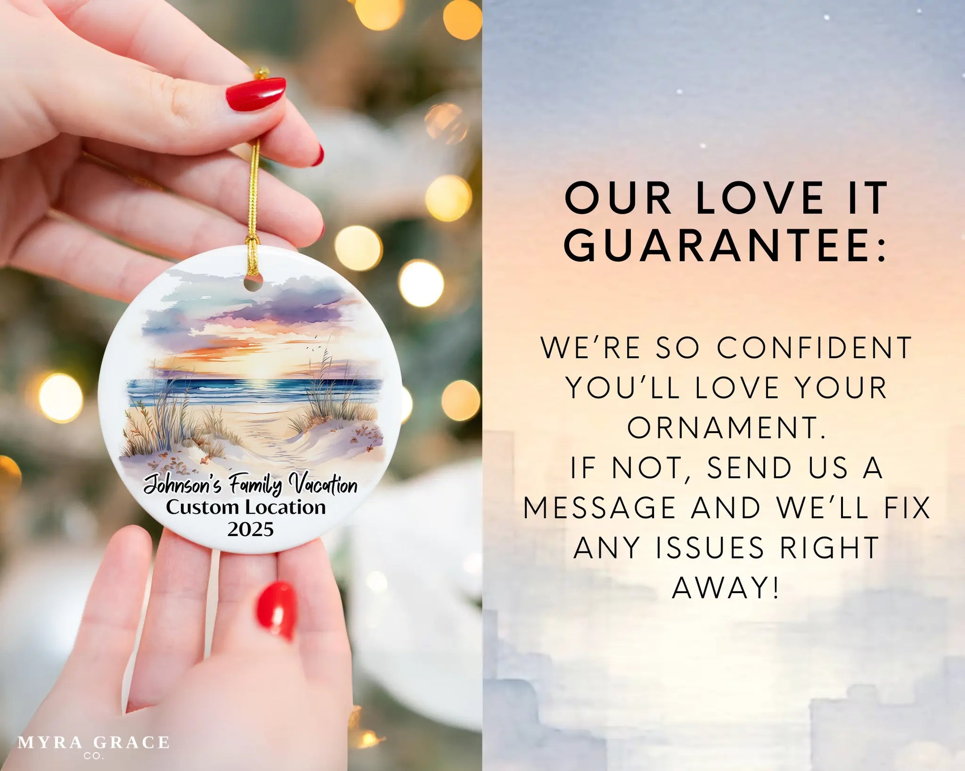 Custom vacation ceramic photo ornament with personalized message – handmade Christmas bauble, gift souvenir, or vacation keepsake. Love it guarantee