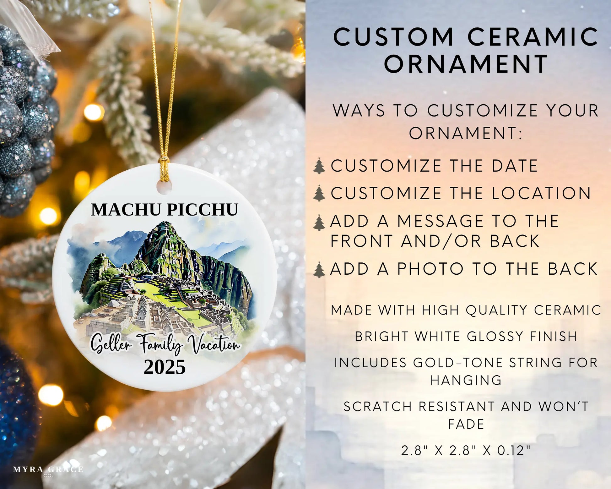 Custom vacation Machu Picchu ceramic photo ornament with personalized message – handmade Christmas bauble, gift souvenir, or vacation keepsake. Infographic